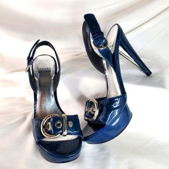 Stuart Weitzman blue patent leather buckle slingback platform shoes heel 7.5 - Picture 14 of 14